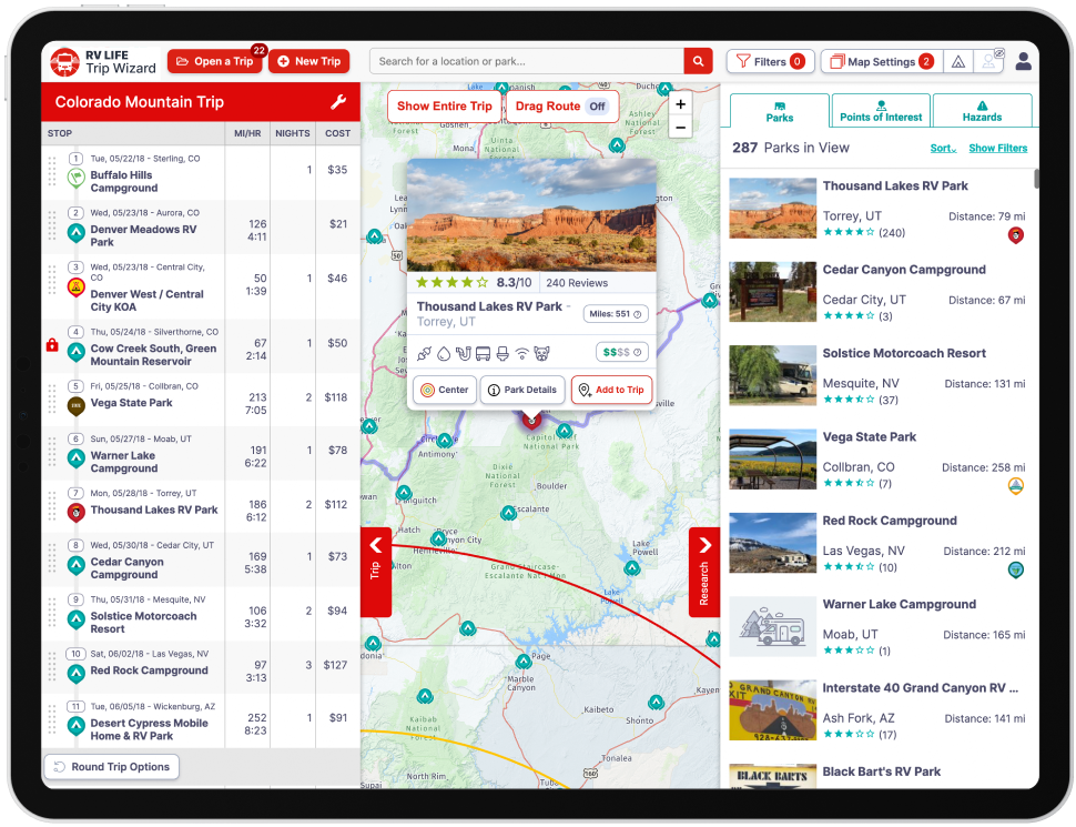 Tablet View of RV LIFE Trip Wizard
